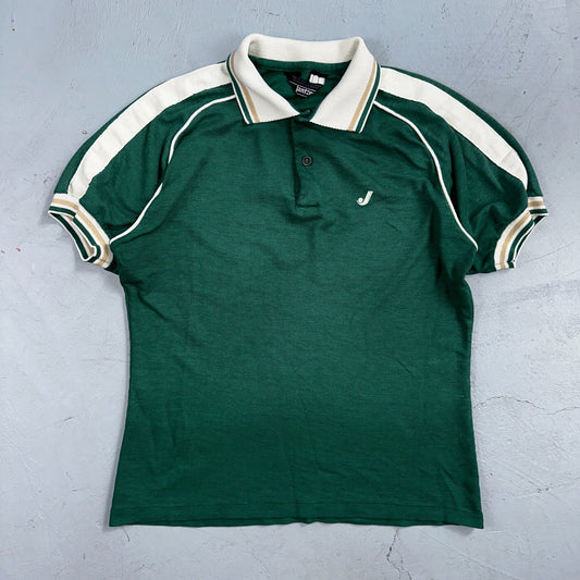 VTG JANTZEN Mens Polo Shirt Striped Collar Small Green White Jersey Cool 80s USA