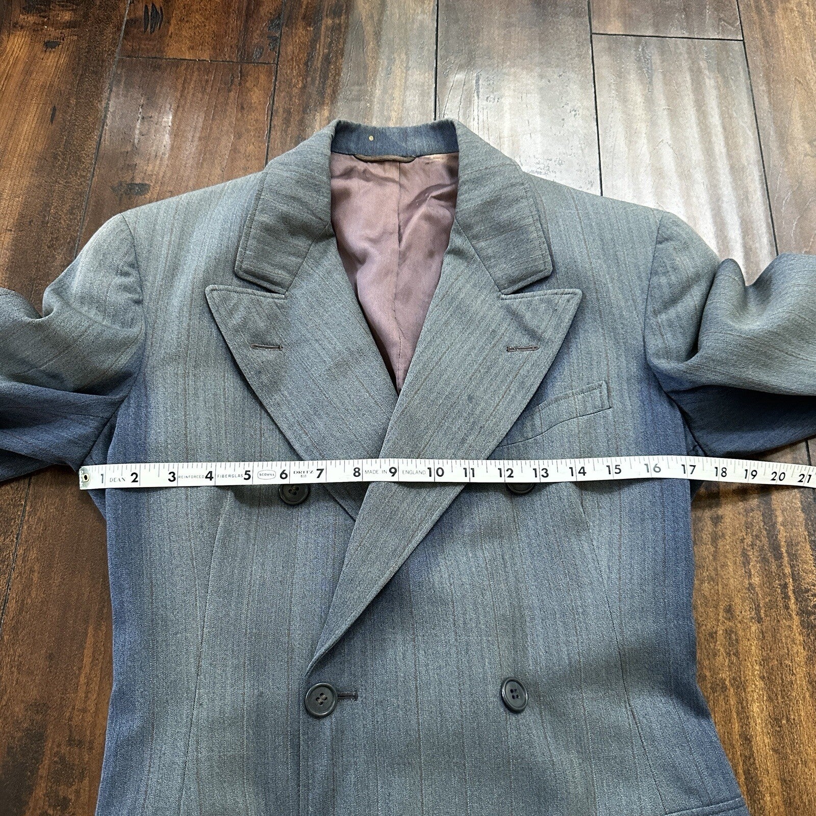 30s 40s 3 pc Pinstripe Blue Double Breasted Suit Belt Back Wool 34 26x31 Faded