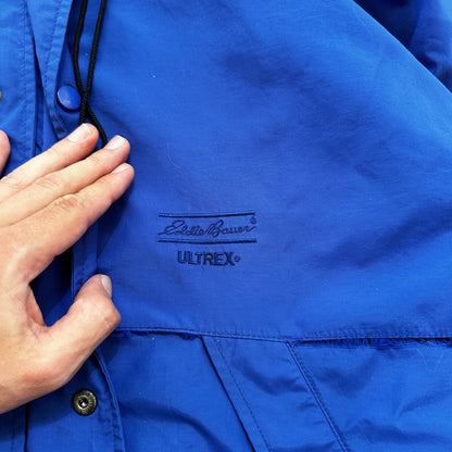 Eddie Bauer Windbreaker Jacket Mens M Blue Vintage Full Zip Ultrex Hooded RIPPED