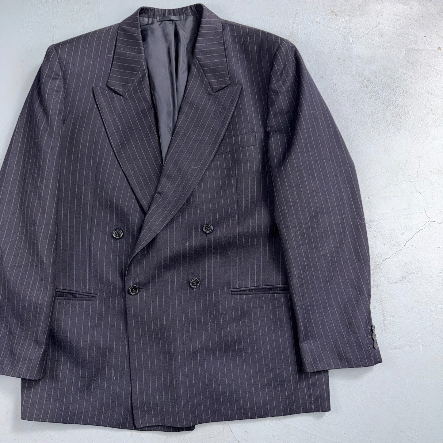 VTG Wool Suit Italy 54 Jacket Sport Coat Virgilini Double Breast Pin Stripe 80s