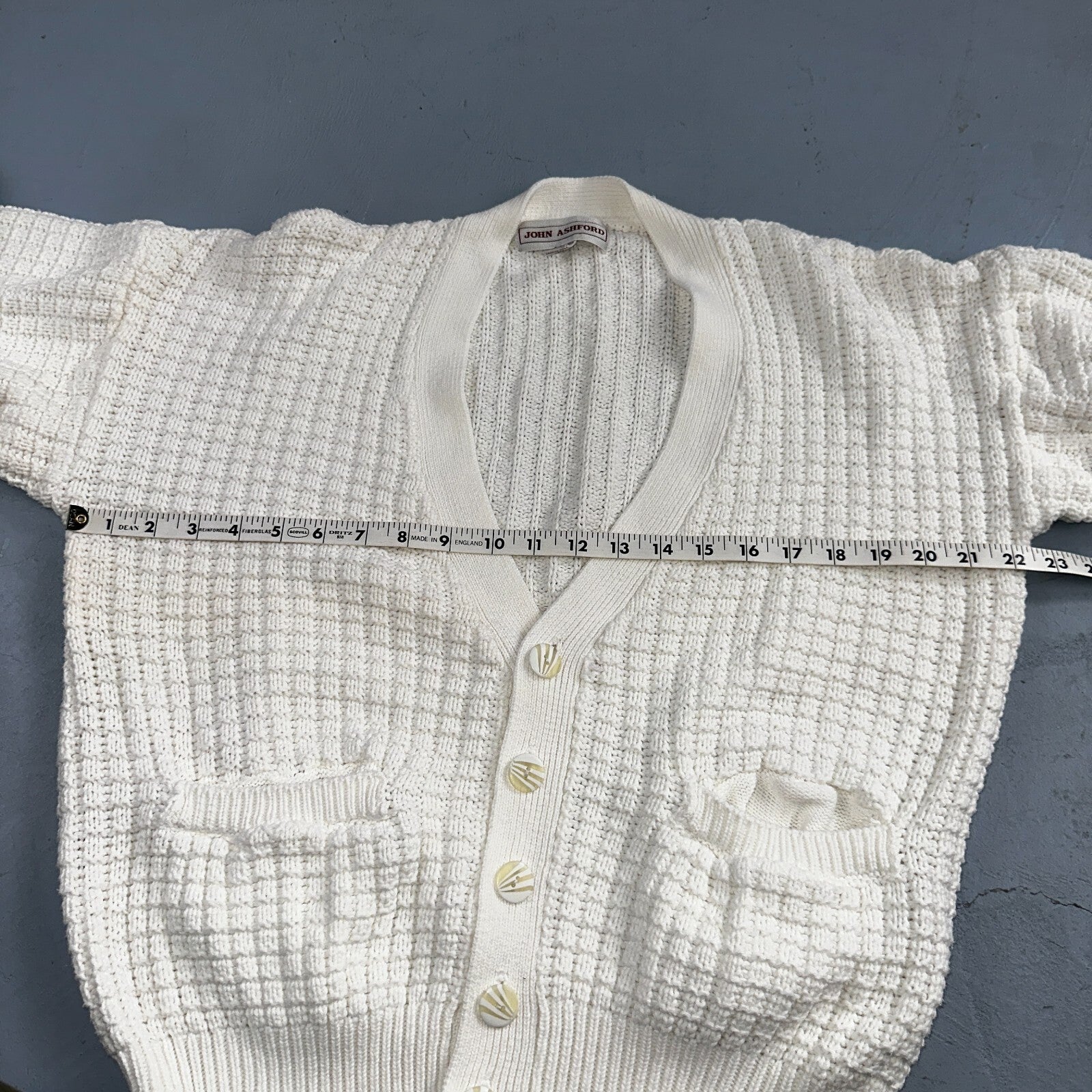 John Ashford USA VTG Sweater Mens Large Cardigan Button Front White Grandpa Core