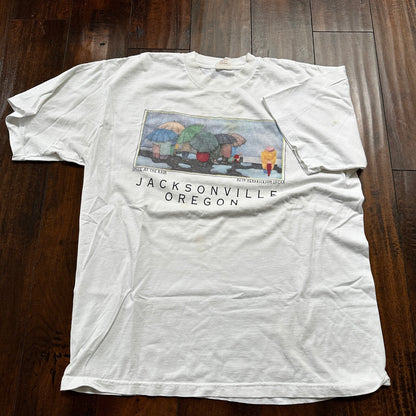 Jacksonville Oregon Smile at Rain VTG T Shirt Beth Logan Art PDX Umbrella Sad
