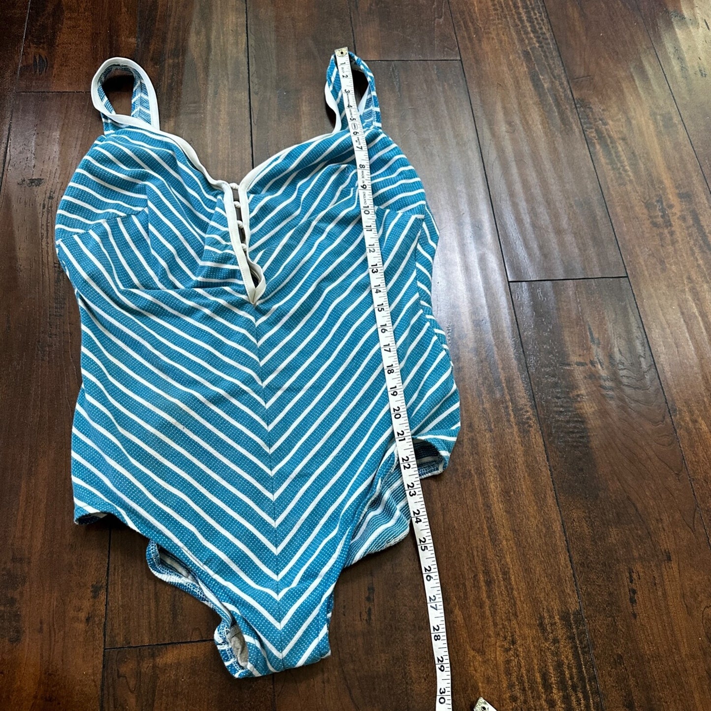 VTG 60s Bodysuit Fits Women's M Built in Bra Blue Striped Swim Rockabilly barbie