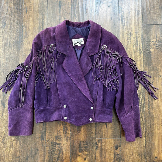 VTG Yearbook 1980s Suede Leather Jacket Purple Tassels Cowgirl Cowboy 80s 70s