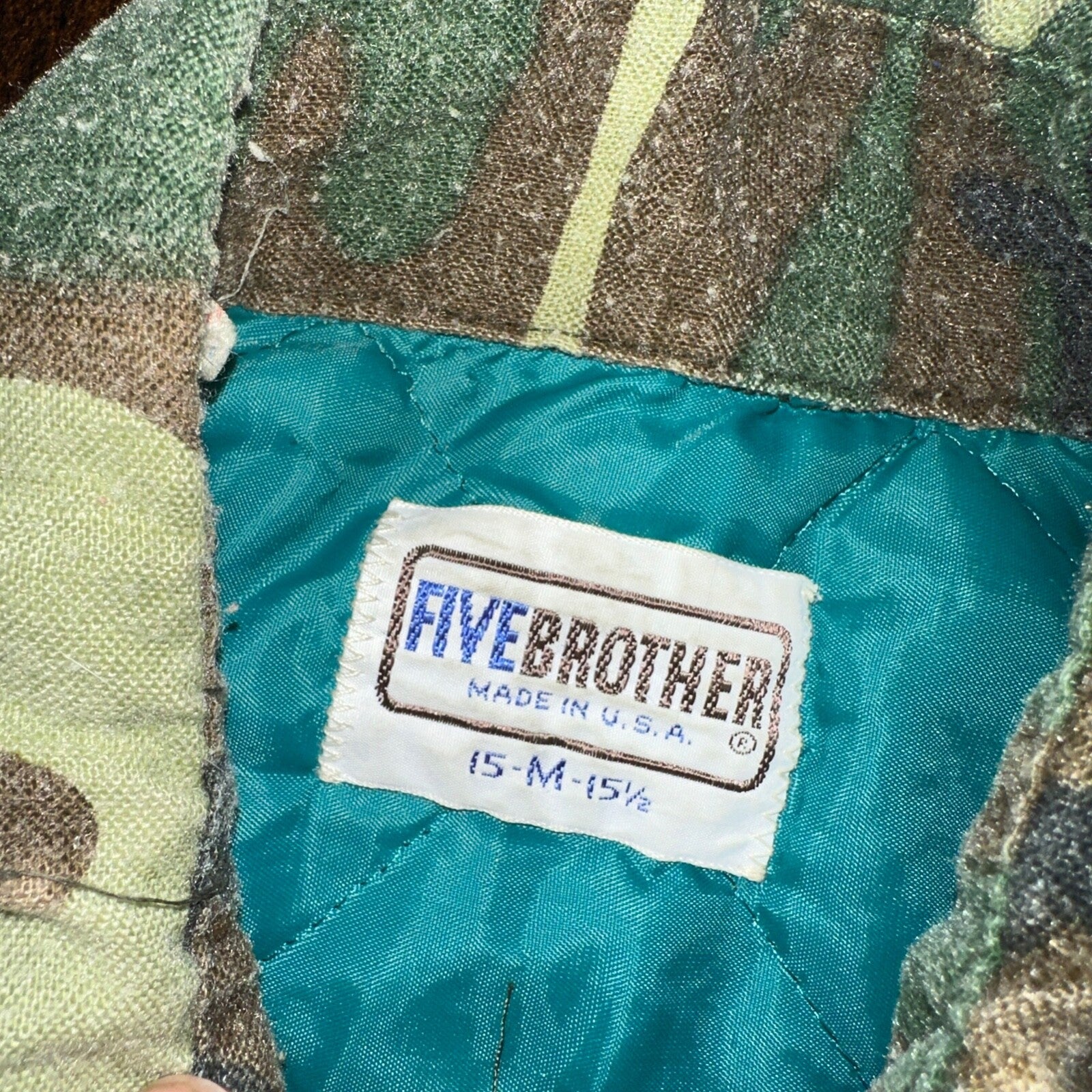 VTG 70s Five Brother Shirt Mens M Green Flannel Woodland Camo Made In USA 80s