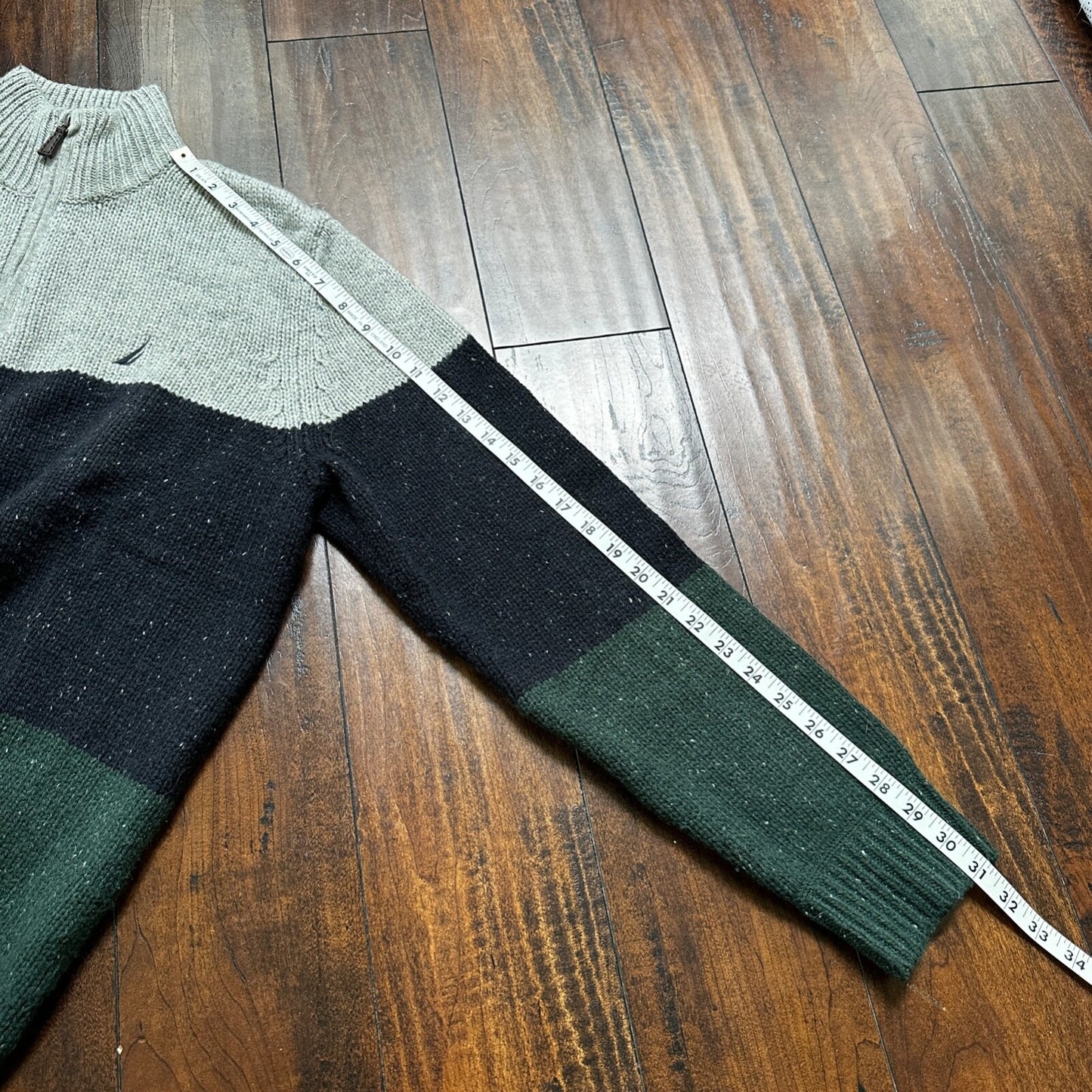 Nautica Men Wool 1/4 Zip Pullover Mock Neck Green Blue Grey Sweater M VTG