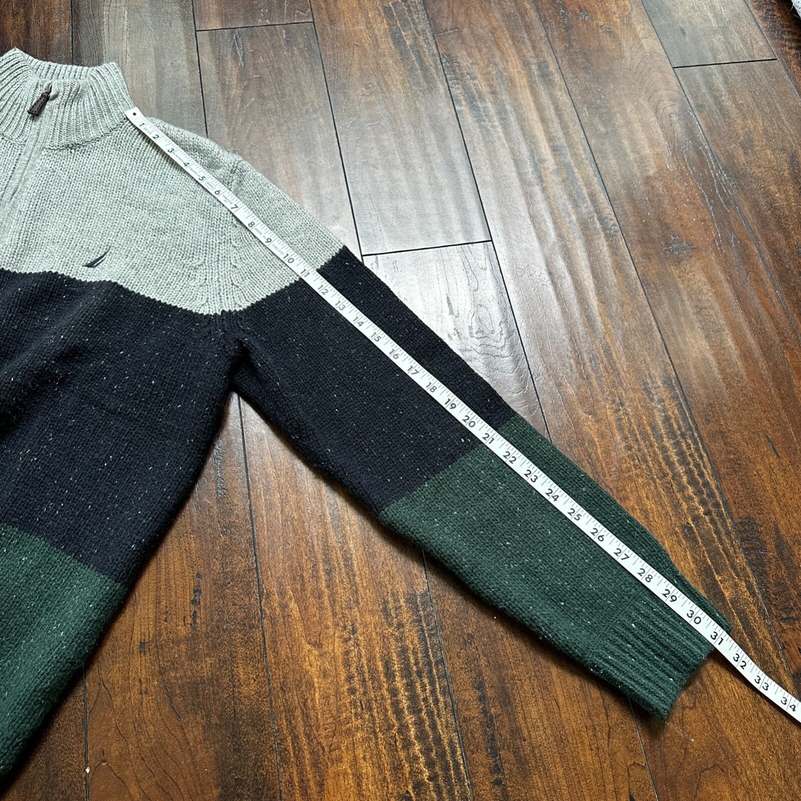 Nautica Men Wool 1/4 Zip Pullover Mock Neck Green Blue Grey Sweater M VTG