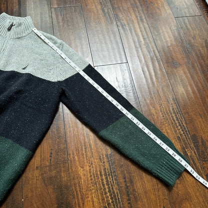 Nautica Men Wool 1/4 Zip Pullover Mock Neck Green Blue Grey Sweater M VTG