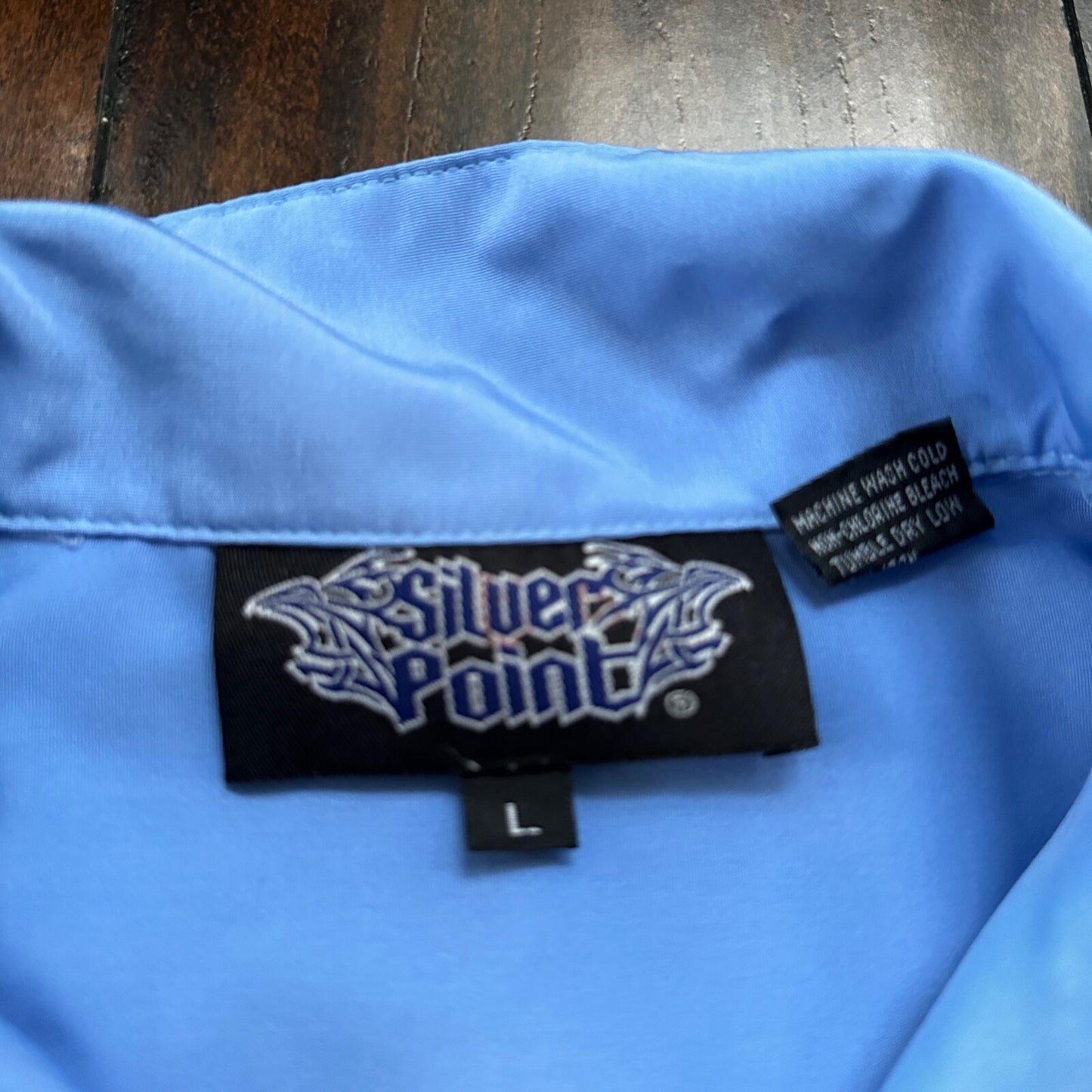 VTG Y2K Silver Point Blue Tribal Button Down Shirt Size L 1980s Ricky Trailer