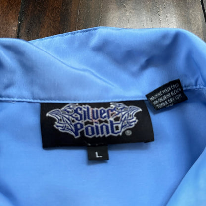 VTG Y2K Silver Point Blue Tribal Button Down Shirt Size L 1980s Ricky Trailer