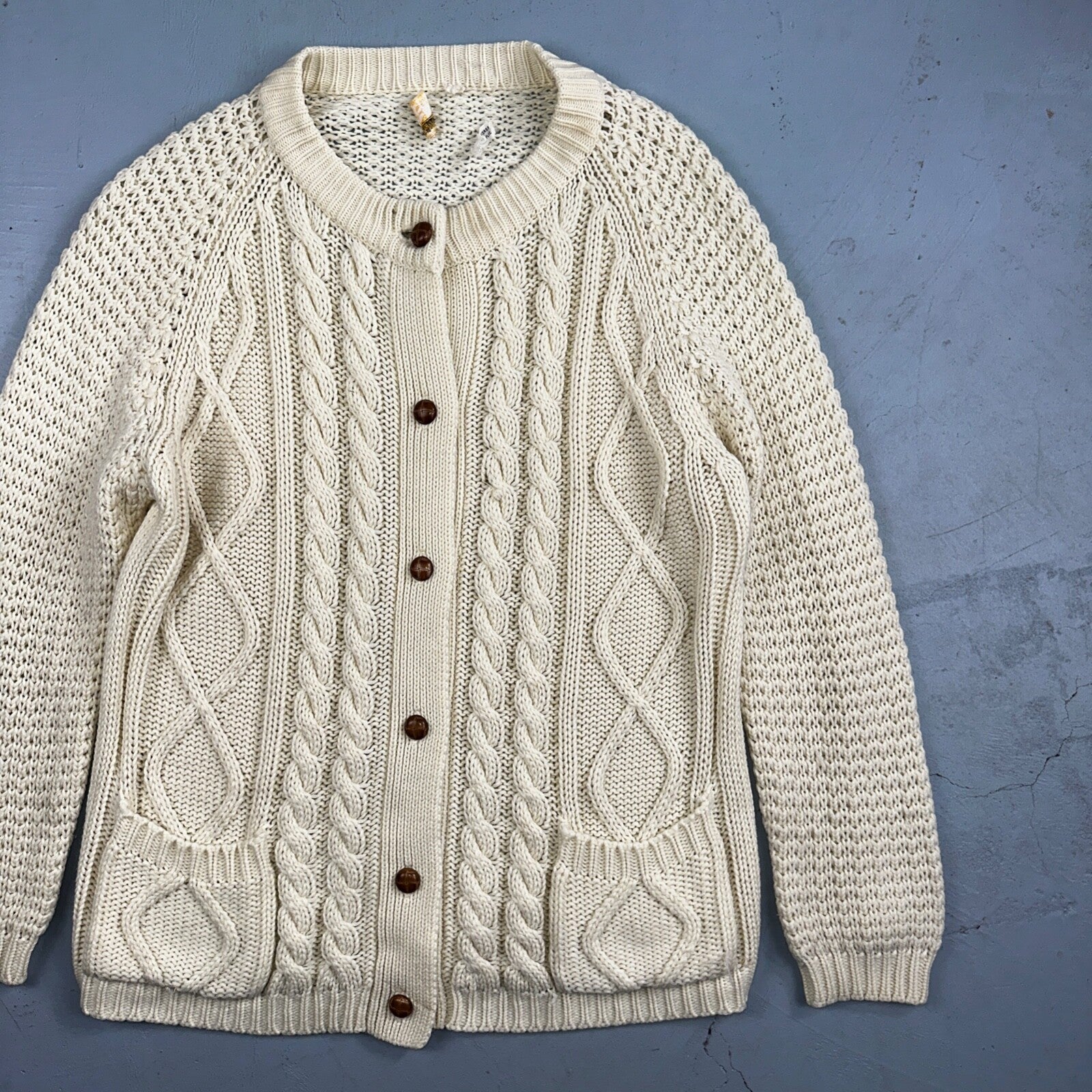 Vintage Hudson Bay Cardigan Acrylic Sweater Ivory Cable Knit Fisherman 80s Korea