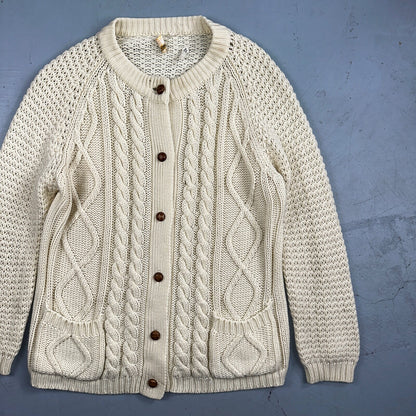 Vintage Hudson Bay Cardigan Acrylic Sweater Ivory Cable Knit Fisherman 80s Korea