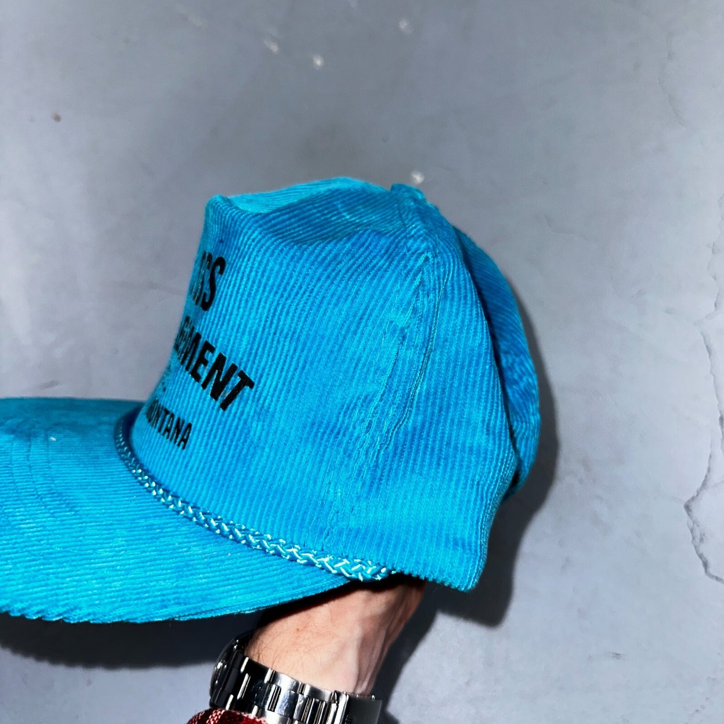 Baker Montana Ross Management Corduroy VTG Hat Cap Snapback Blue Fun Text Otto