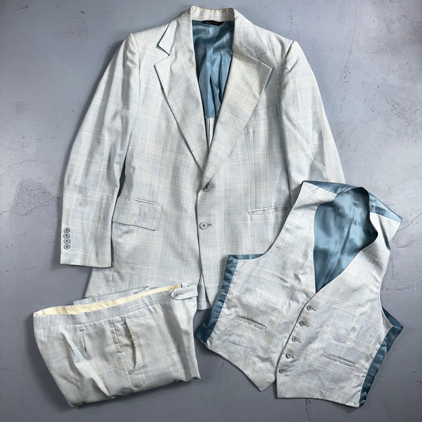 VTG Mens 3 PC Suit 44 Jacket Coat Pants Vest Plaid Rockabilly 70s Stained