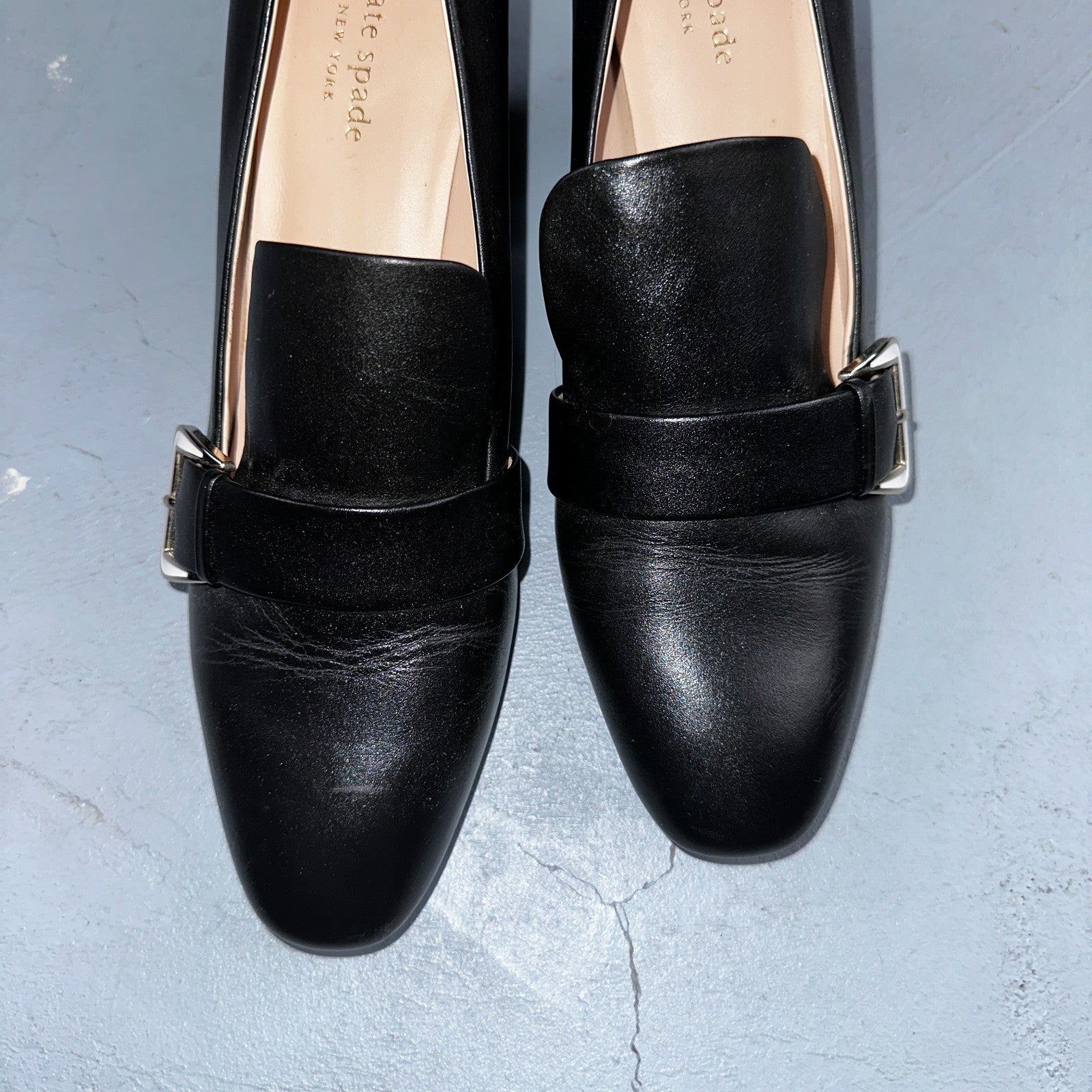 Kate Spade Alia Black Block Heel Pump 9.5 Leather Chunky Silver Tone Buckle