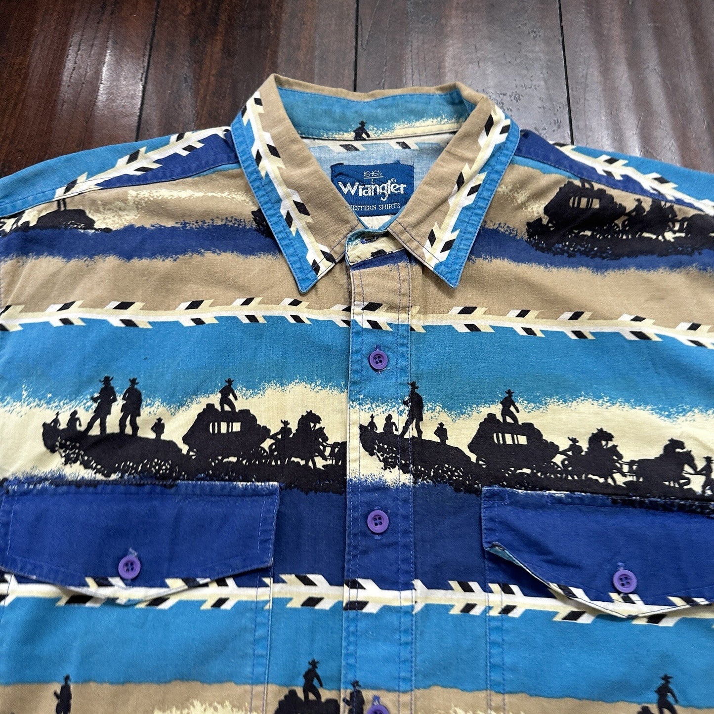 Wrangler VTG Aztec All Over Print Cowboy Cut Button Up Shirt Mens 16.5 USA