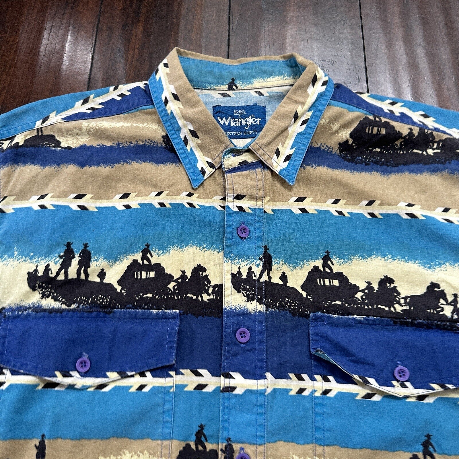 Wrangler VTG Aztec All Over Print Cowboy Cut Button Up Shirt Mens 16.5 USA