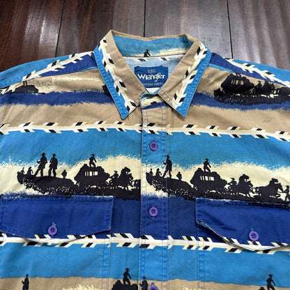 Wrangler VTG Aztec All Over Print Cowboy Cut Button Up Shirt Mens 16.5 USA