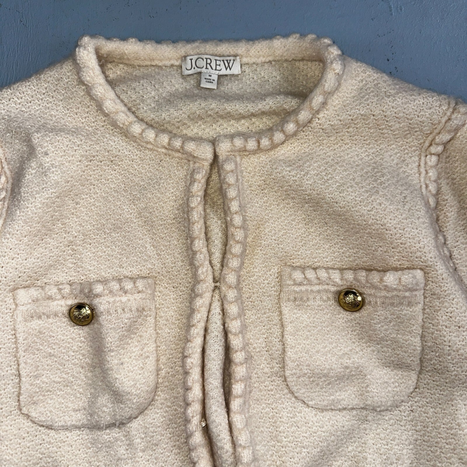 J. Crew Odette Lady Sweater Ivory Boucle Knit Gold Button Cardigan Jacket M