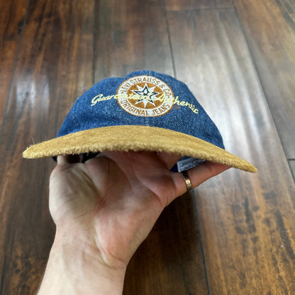 Vintage Levis Jeans Blue Denim w/ Brown Suede Leather Bill Strapback Hat Cap