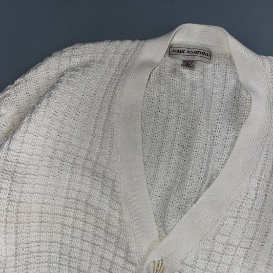 John Ashford USA VTG Sweater Mens Large Cardigan Button Front White Grandpa Core