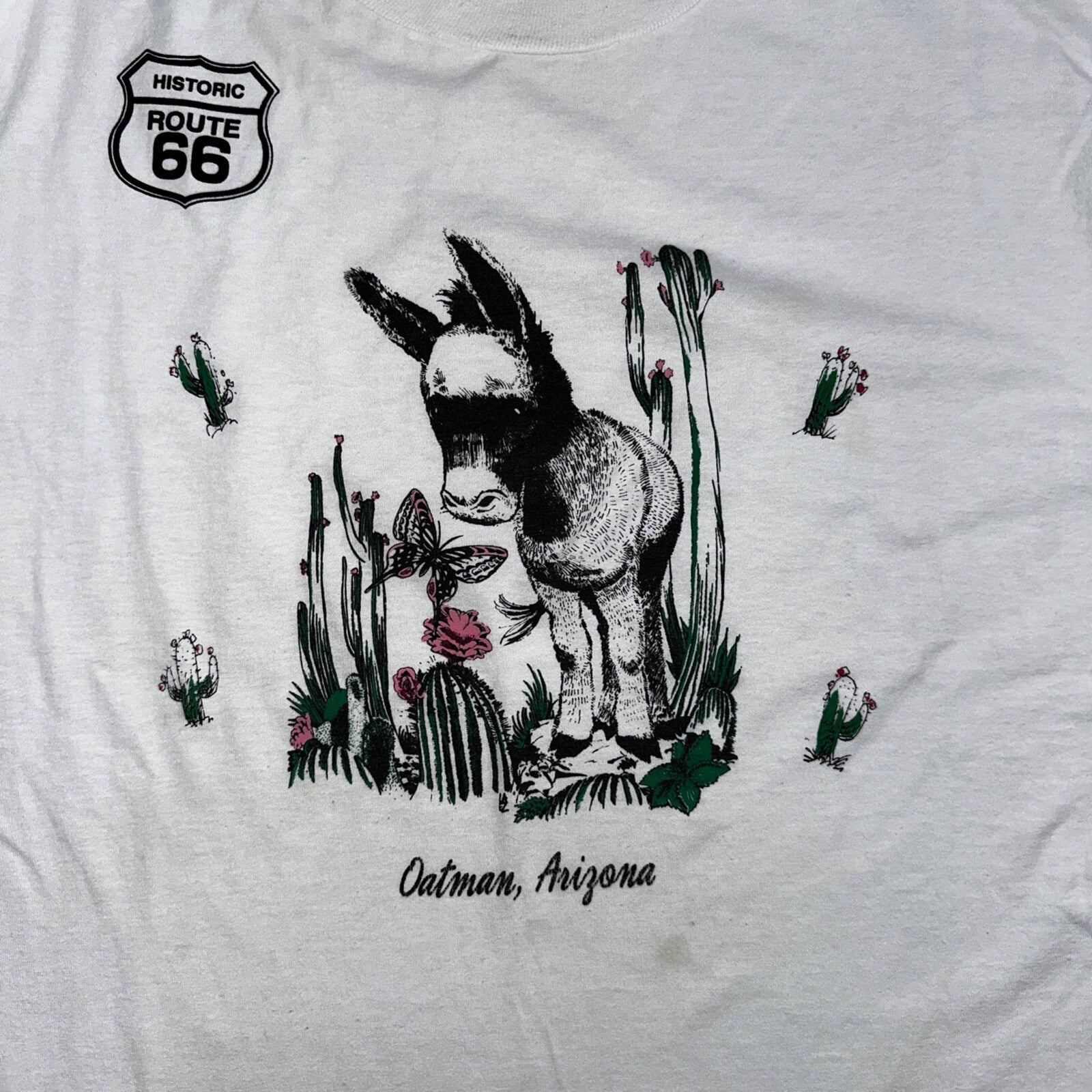 Oatman Arizona Route 66 VTG T Shirt Burro Cactus Flowers Route Cute Donkey Horse