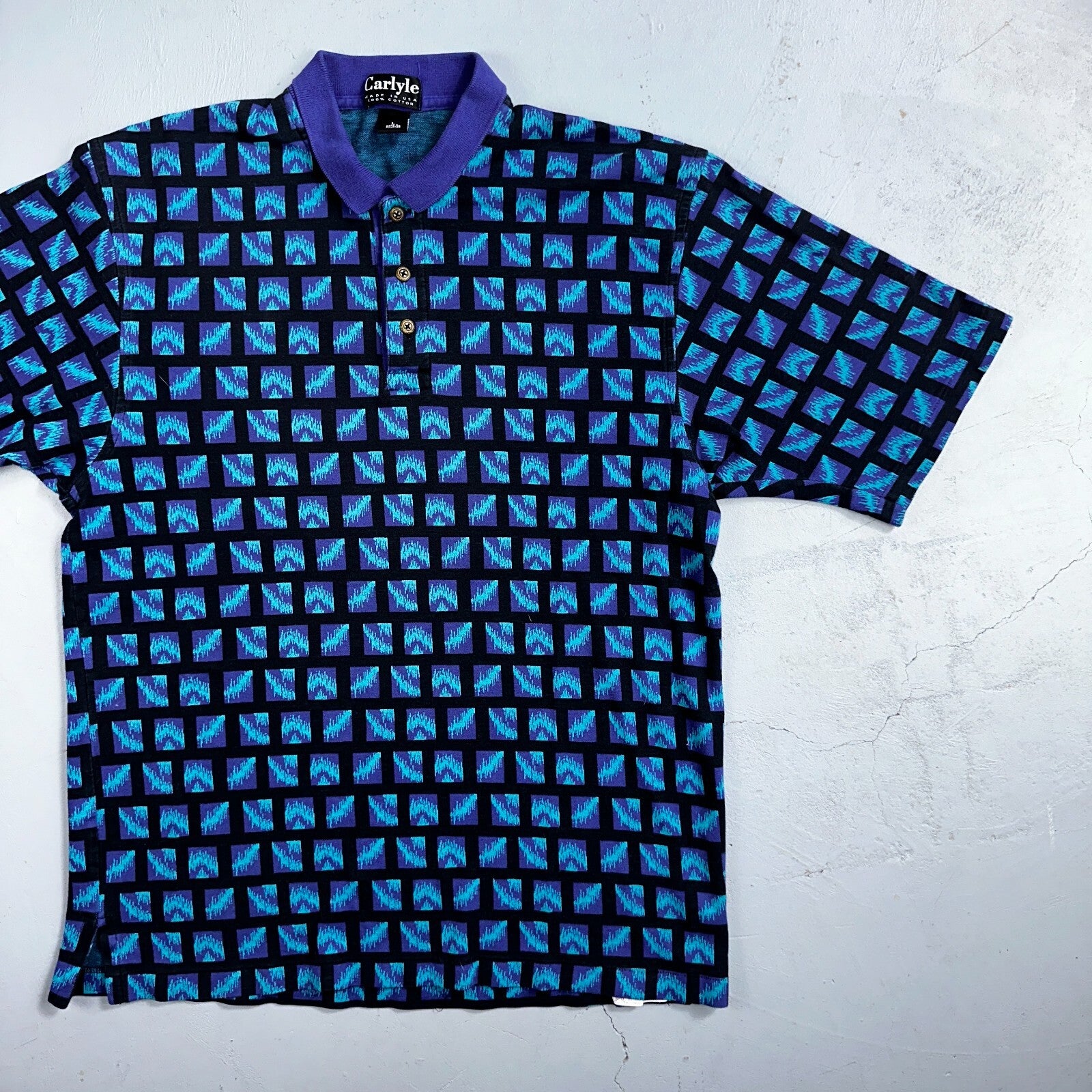 Carlyle VTG Short Sleeve Knit Polo Sz L Rockabilly Crazy Print Pattern Blue 70s