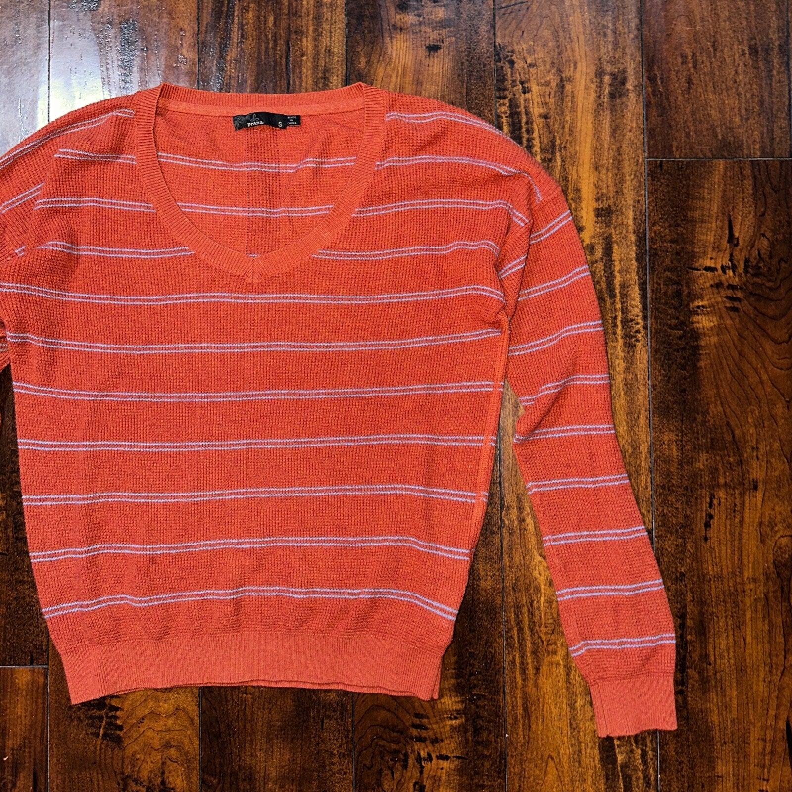 Prana Women Size Small Crew Neck Stripe Long Sleeve T-shirt V Neck Orange