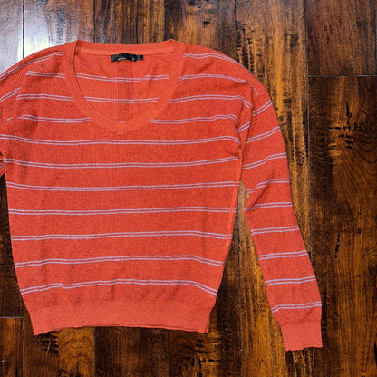 Prana Women Size Small Crew Neck Stripe Long Sleeve T-shirt V Neck Orange