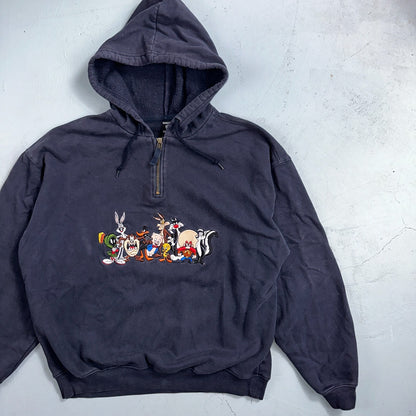 Vintage Warner Bros Studio Store Embroidered Looney Tunes Quarter Zip Hoodie M