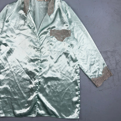 Vintage Victoria’s Secret Green Mint Satin Button Pajama Shirt Dress S 1990s