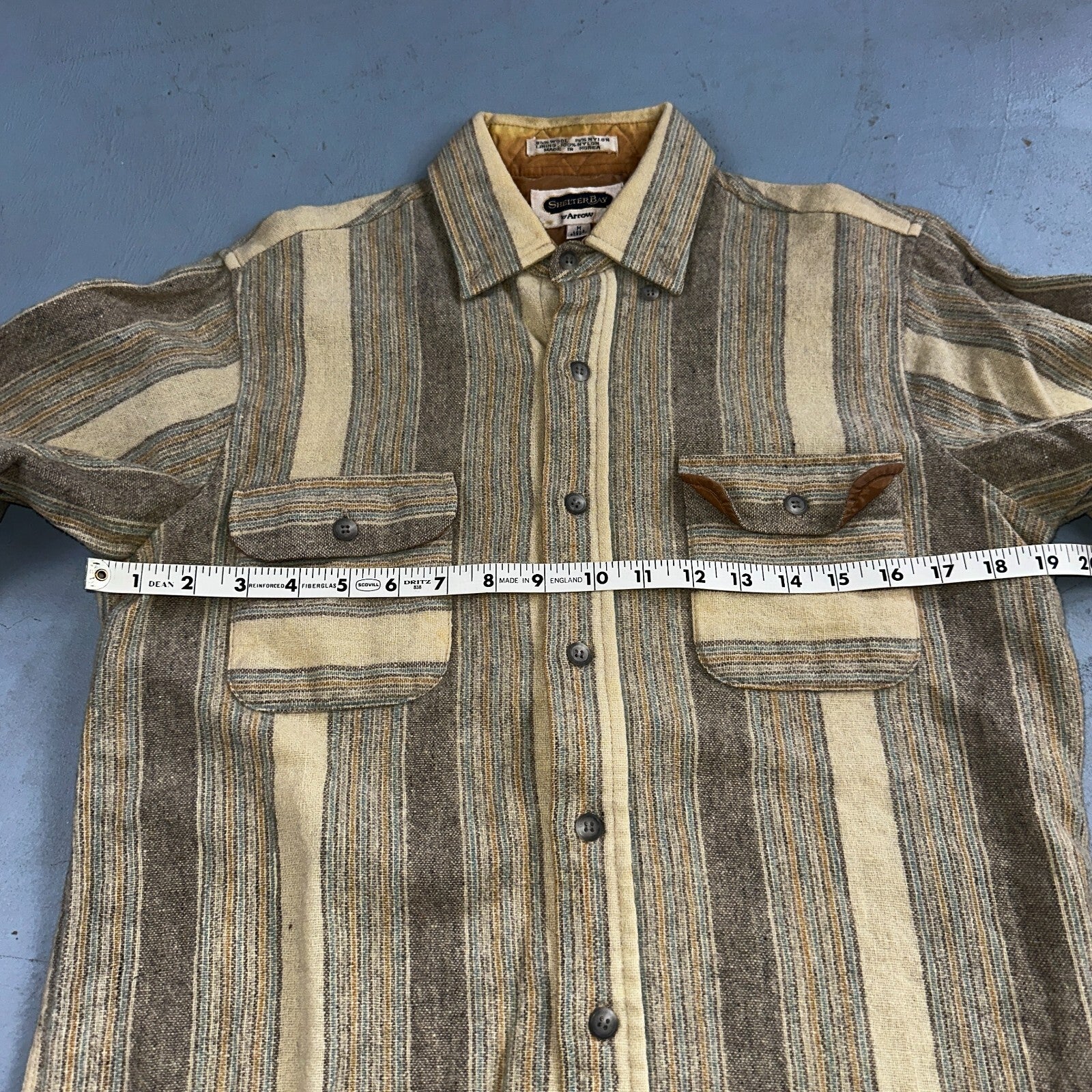 Arrow Shelter Bay Wool Mens Shirt Button Up M Brown Plaid Flannel Striped 80s