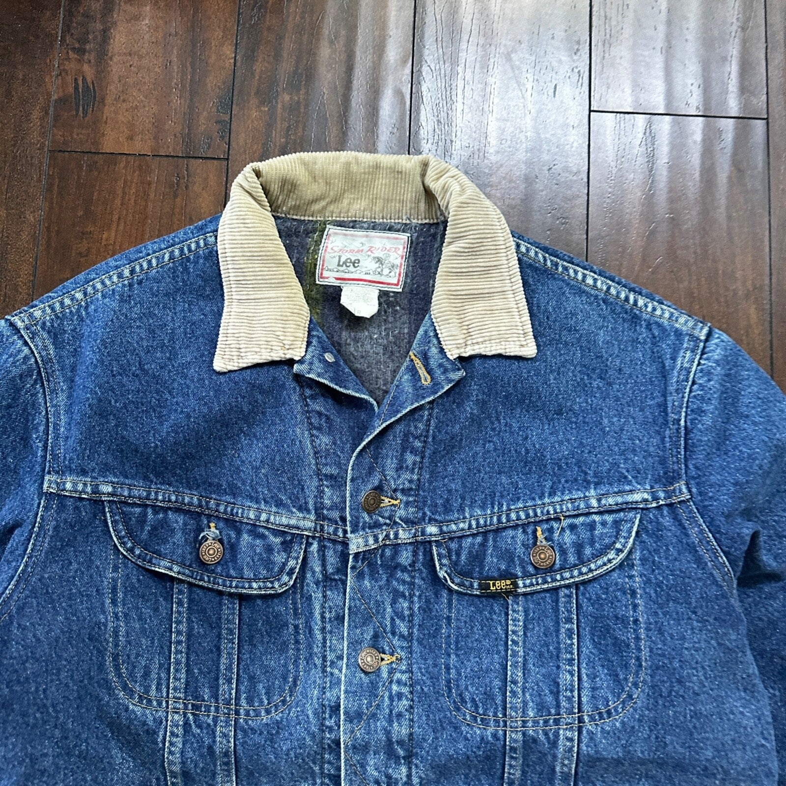 VTG Lee Storm Rider Blue Denim Blanket Lined Jacket Sz L Regular Wool USA MADE