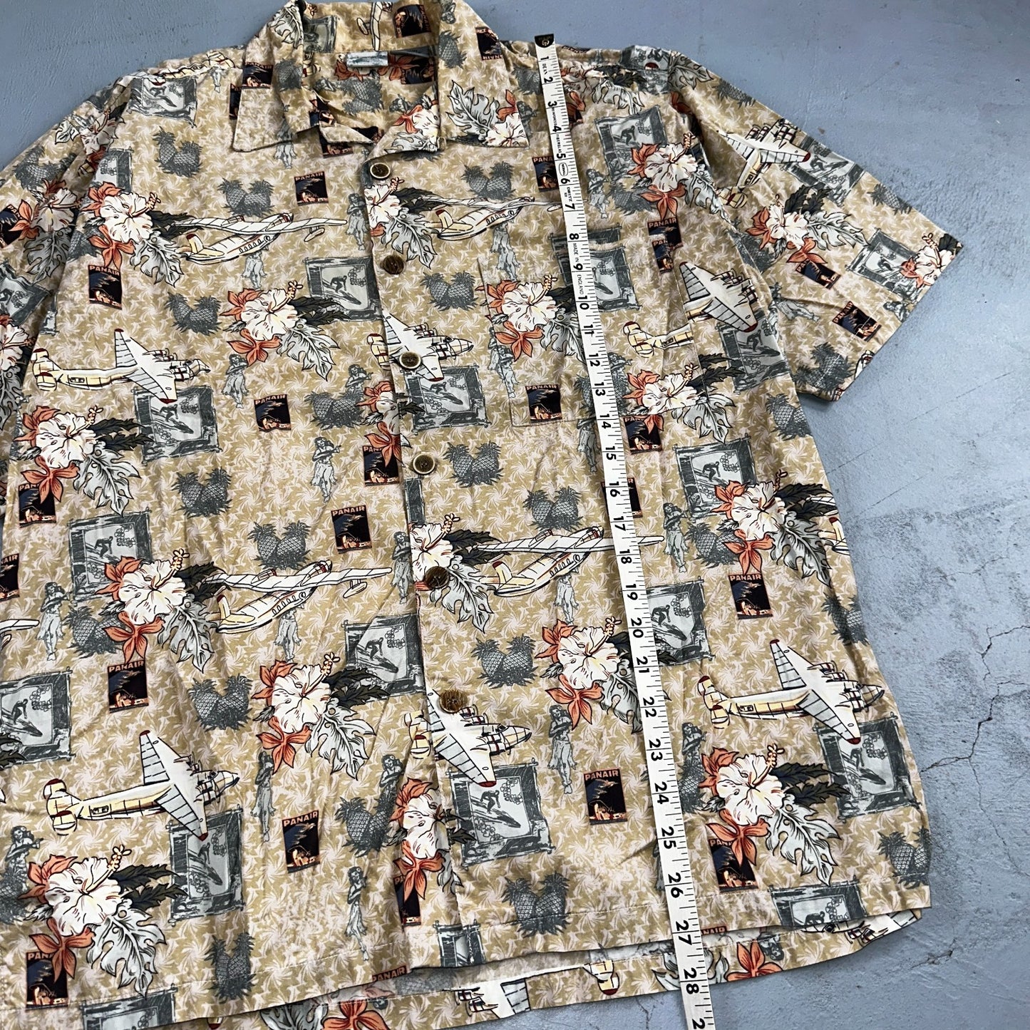 Vintage OP Ocean Pacific PANAIR Plane Hawaiian Men's Shirt Sz. M  Hula Girl