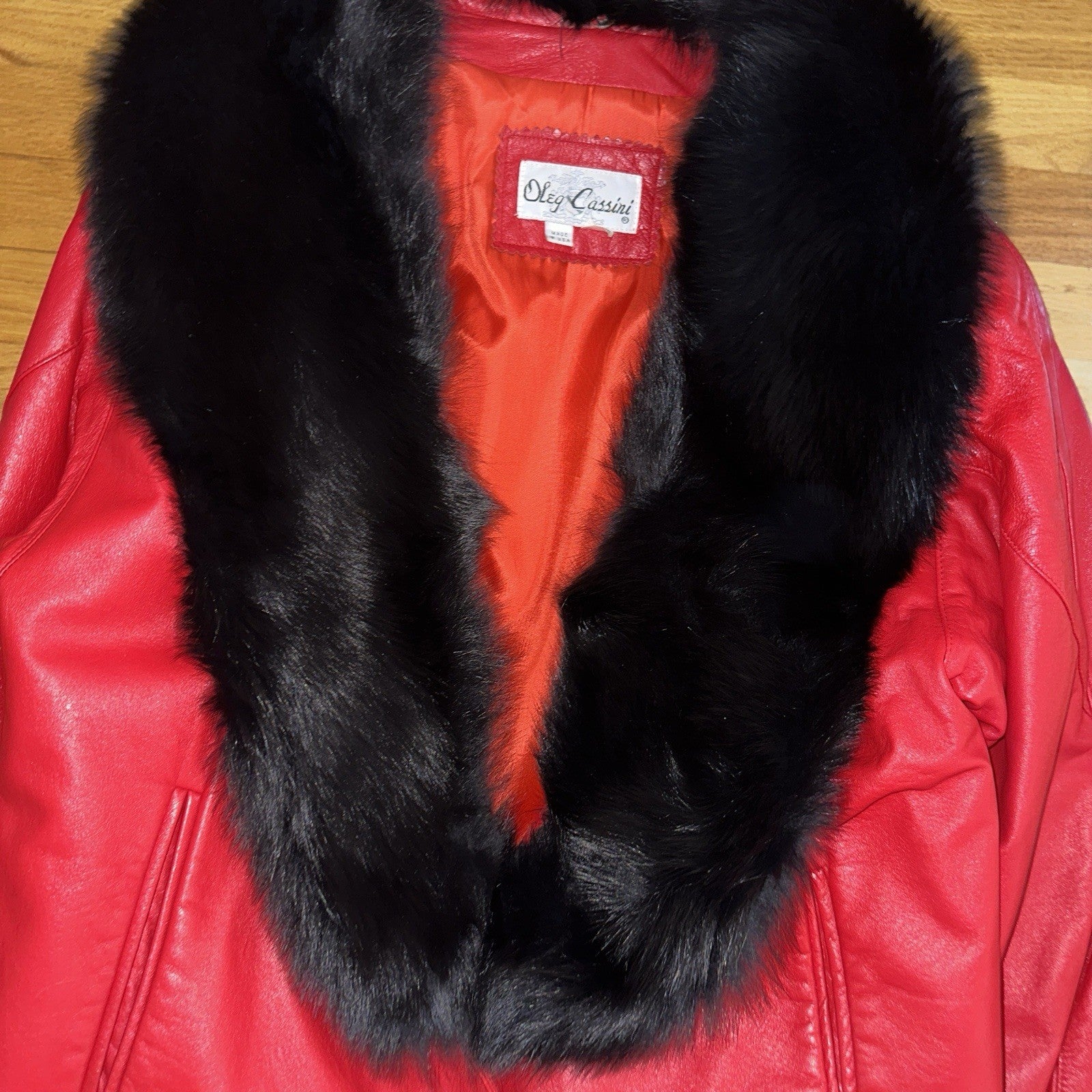 VTG Oleg Cassini Genuine Leather Blazer Fur Jacket Red Womens M 70s 80s Rare