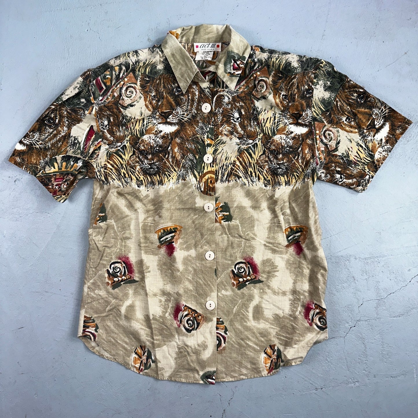 Vtg Act III USA Made Shirt Button Up Blouse African Safari Lion Tigers Small 80s