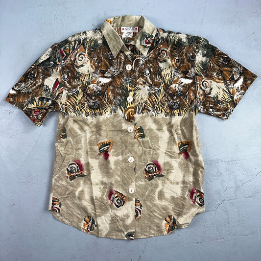 Vtg Act III USA Made Shirt Button Up Blouse African Safari Lion Tigers Small 80s