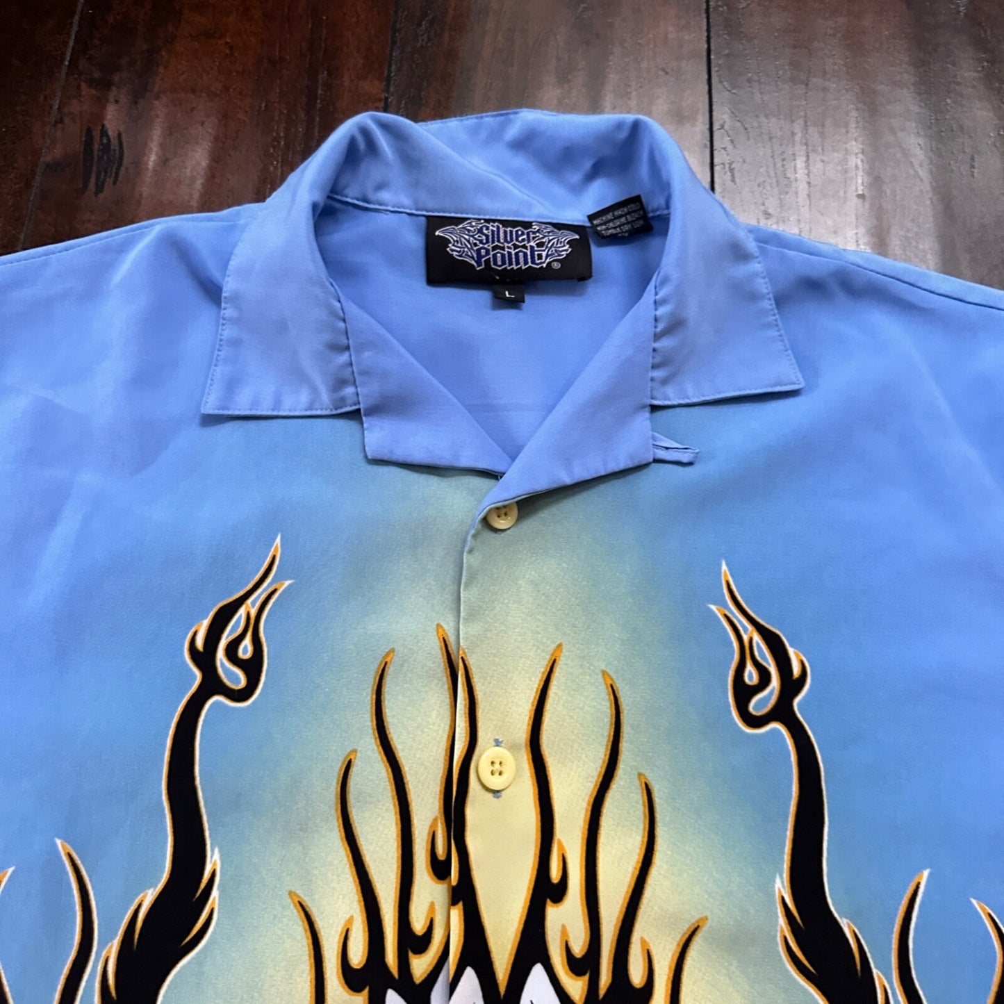 VTG Y2K Silver Point Blue Tribal Button Down Shirt Size L 1980s Ricky Trailer