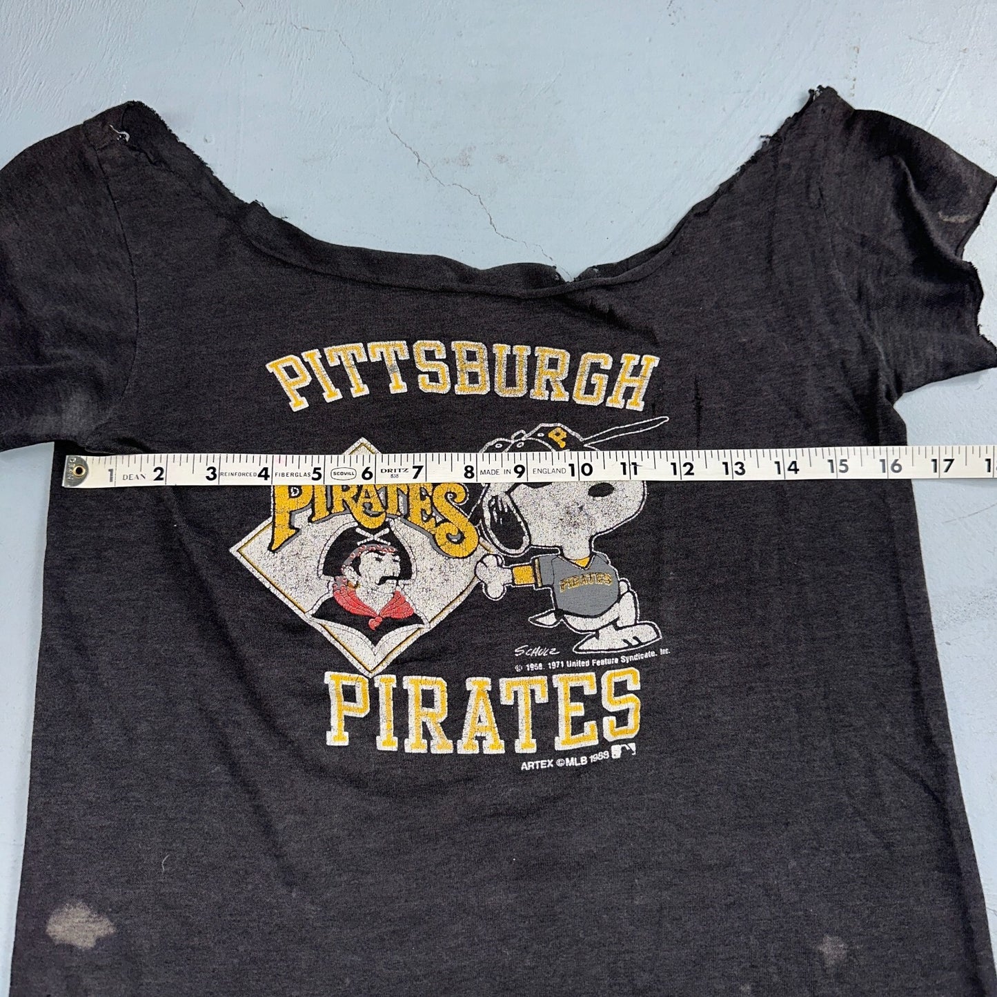 Pittsburgh Pirates Snoopy VTG T Shirt Chopped 80s Baseball Cool Black Graphic