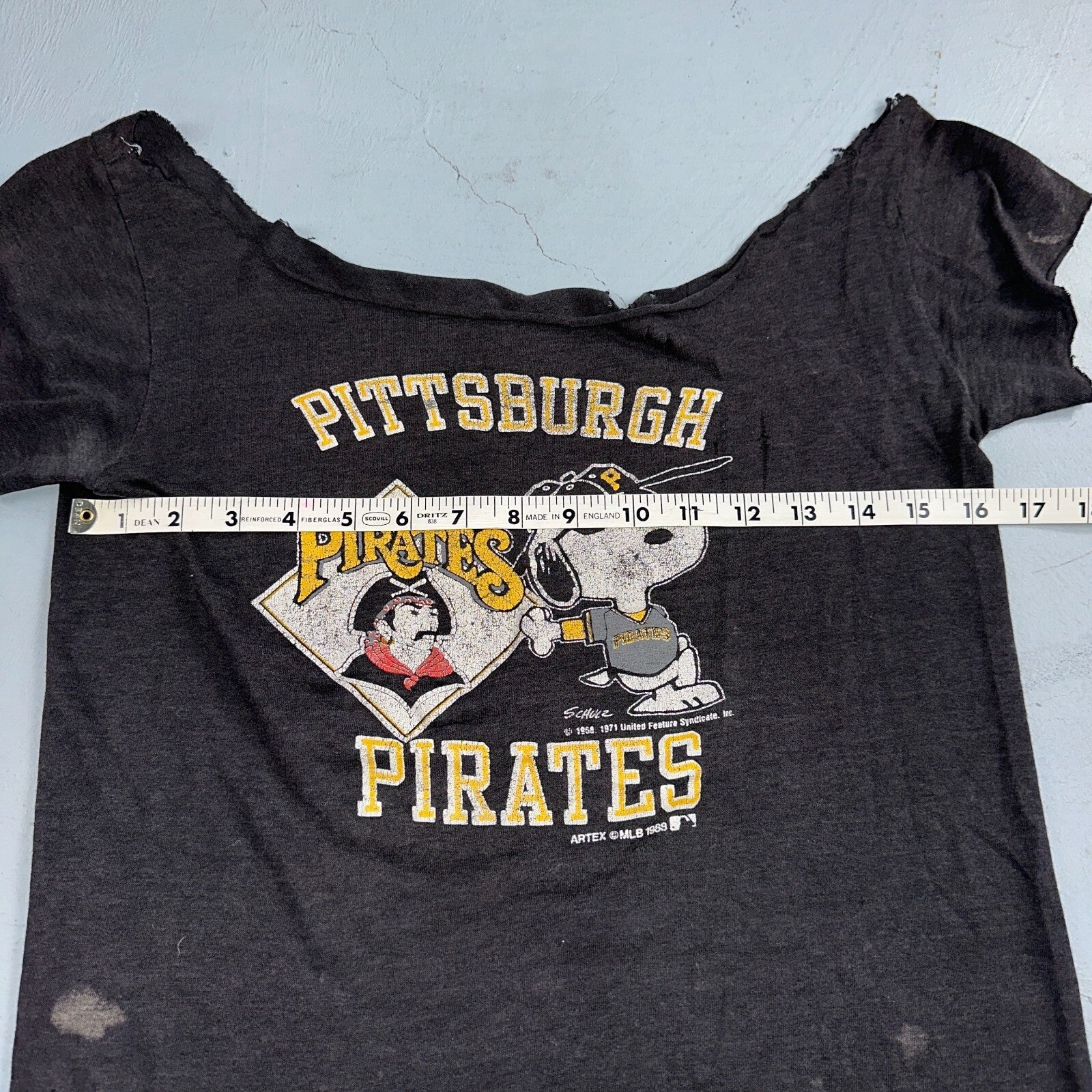 Pittsburgh Pirates Snoopy VTG T Shirt Chopped 80s Baseball Cool Black Graphic