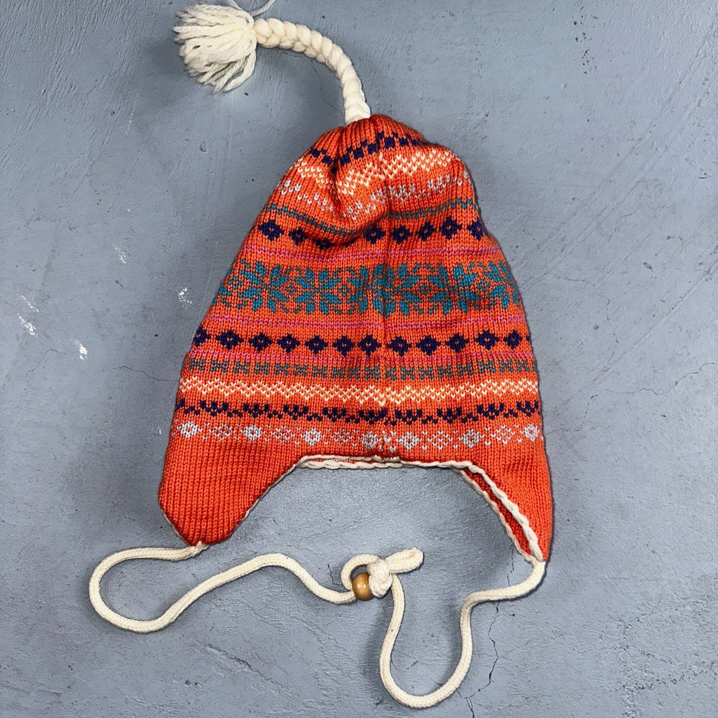 Vintage Snowy River Woolens Earflap Hat Orange Knit Ski Beanie USA Made Peach