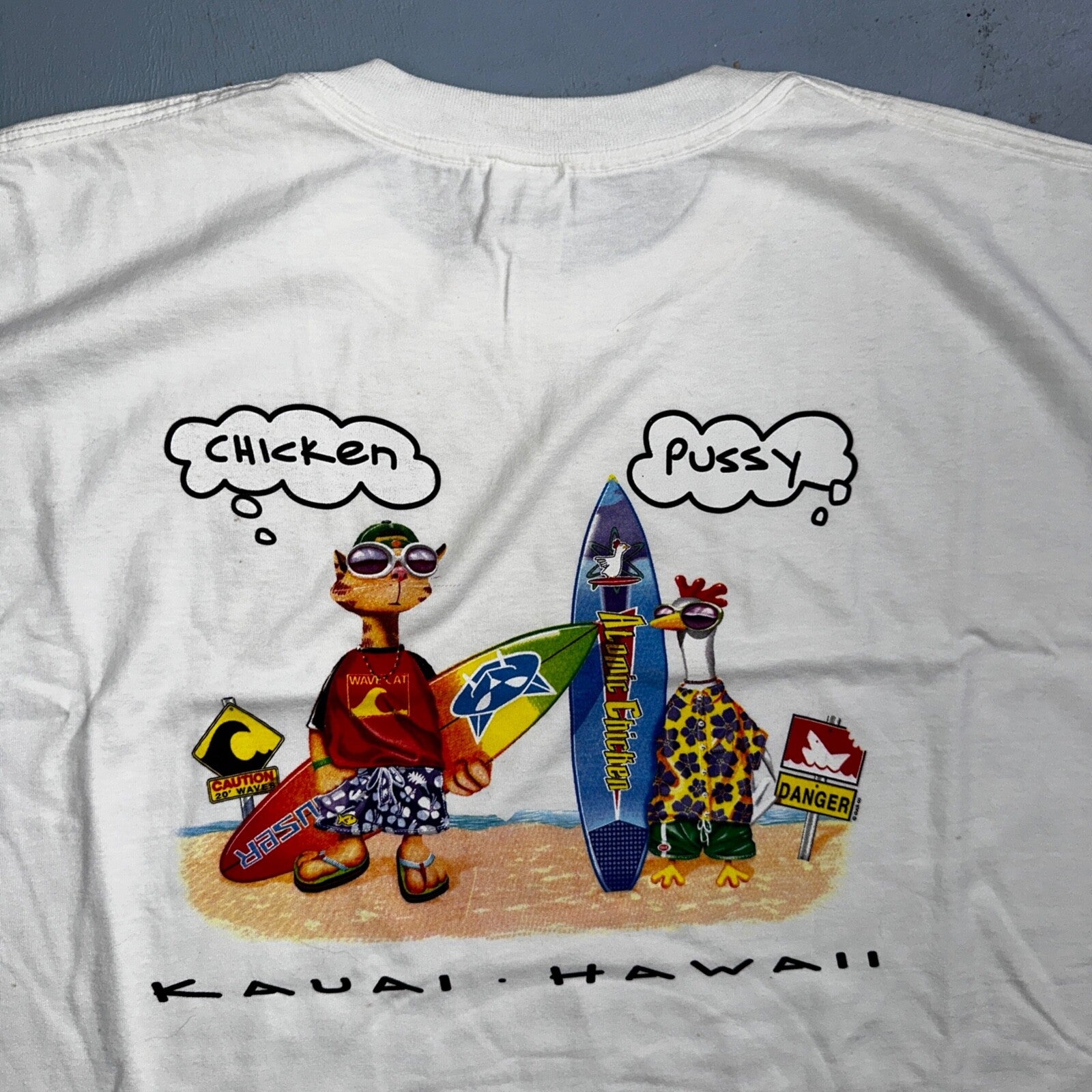 Kaui Hawaii Funny Chicken Cat VTG T Shirt Y2K 2XL Rap Music Quote Hilarious Joke