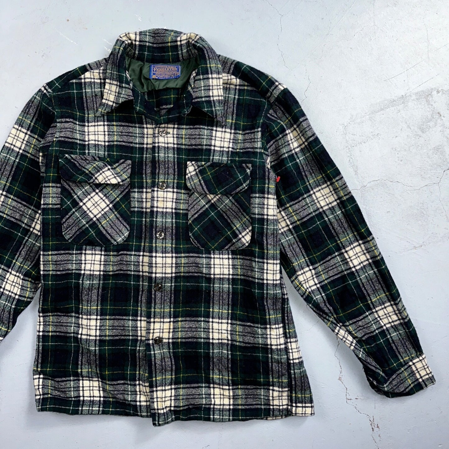 Pendleton VTG Men's Board Shirt Medium Loop Collar USA Wool Woolen Plaid Green