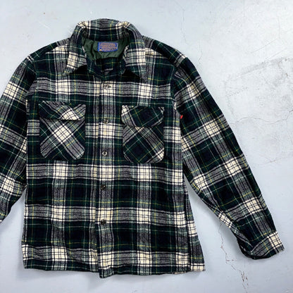 Pendleton VTG Men's Board Shirt Medium Loop Collar USA Wool Woolen Plaid Green