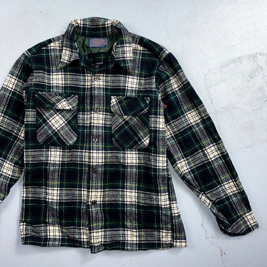 Pendleton VTG Men's Board Shirt Medium Loop Collar USA Wool Woolen Plaid Green
