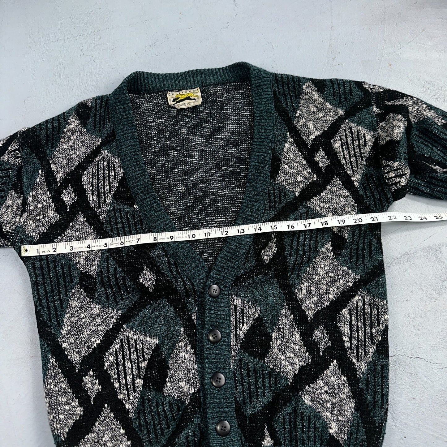 Vintage Le Tigre Mens Sweater M Blue Geometric Cardigan Grandpa 90s Cozy Aztec