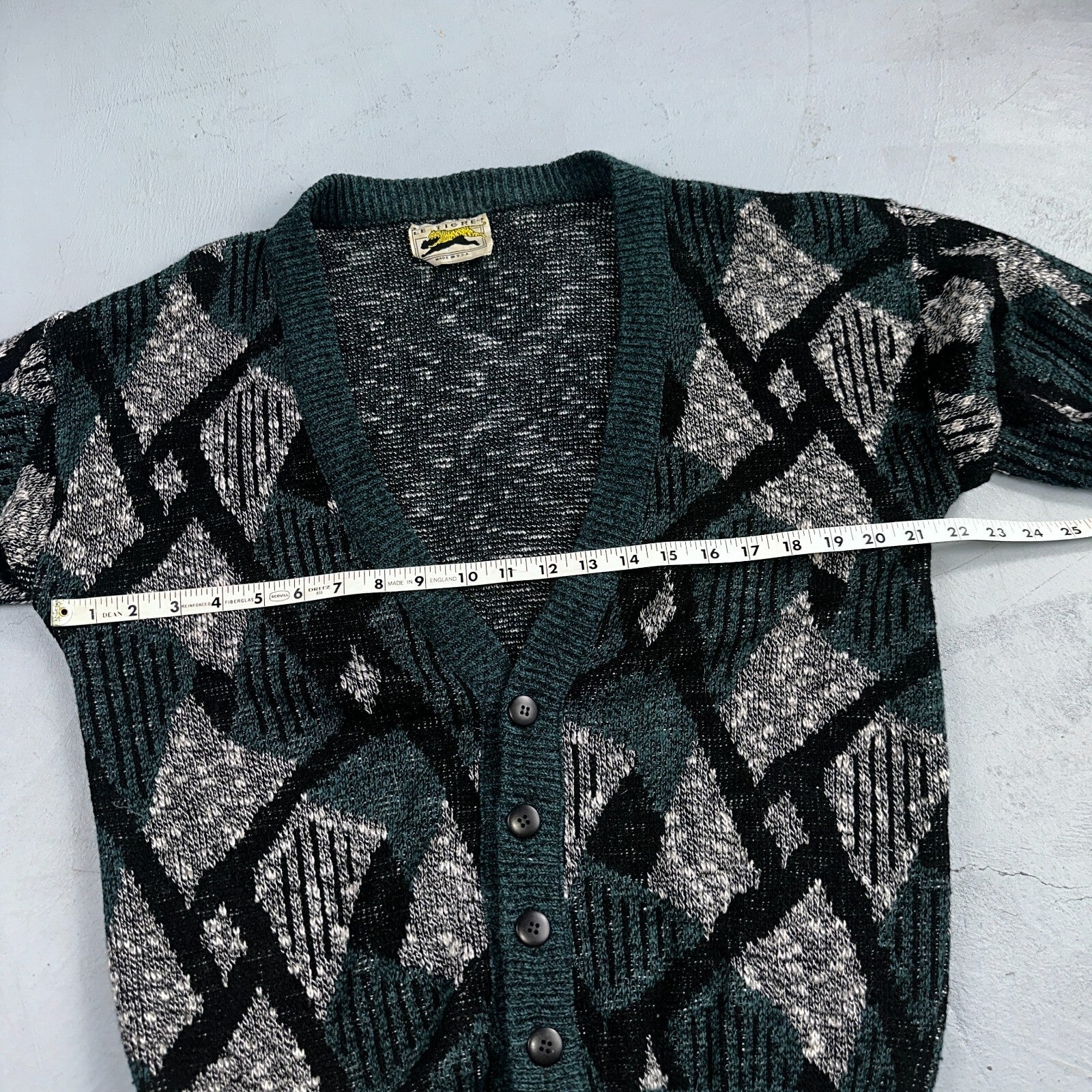 Vintage Le Tigre Mens Sweater M Blue Geometric Cardigan Grandpa 90s Cozy Aztec