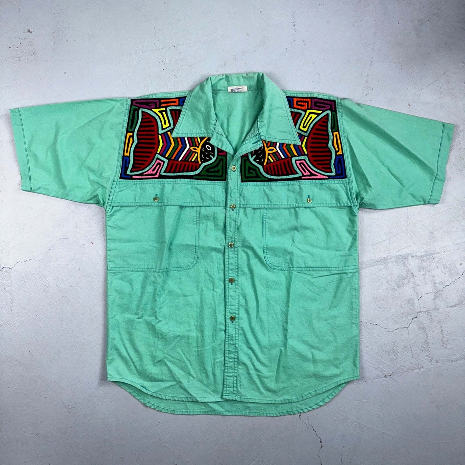 Chacal Tropical VTG Fish Short Sleeve Button Up Shirt L Green Hawaiian USA 80s