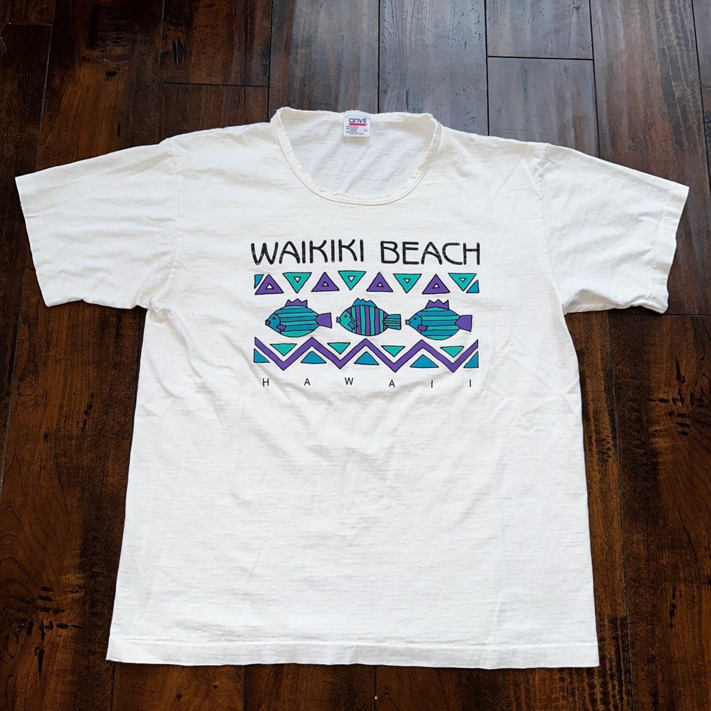 Waikiki Beach Hawaii Single Stitch Vintage T Shirt Anvil 90s Large Fish Travel
