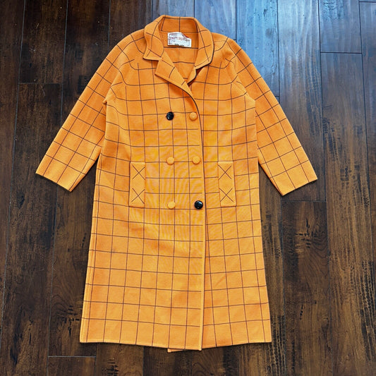 VTG 100% Wool Imperial Long Check Overcoat Womens Orange Rockabilly 1960s 70s